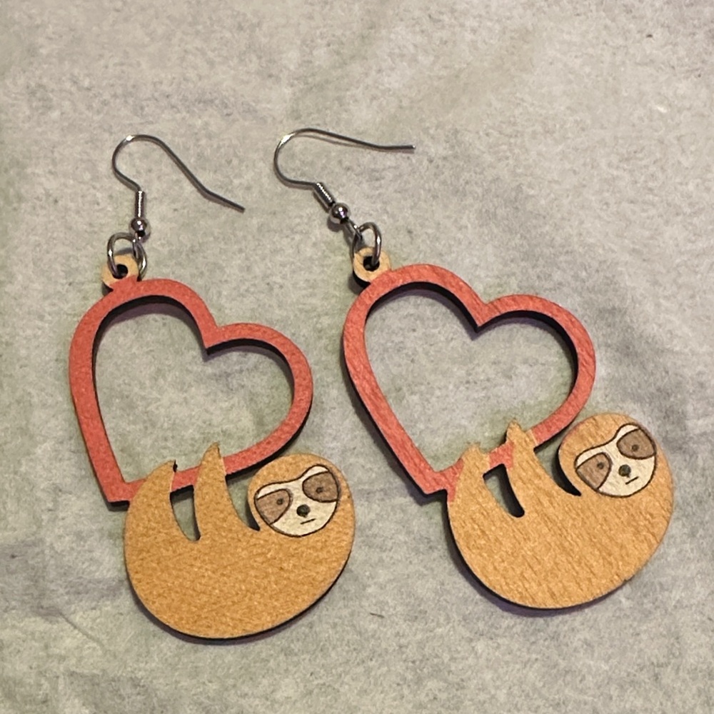 Sloth Heart Wooden Earrings